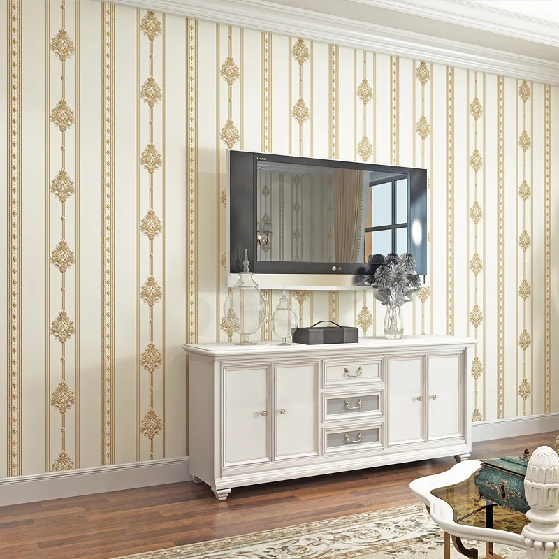 

Simple European 3D Wallpaper Damascus wallpaper bedroom living room hotel vertical bar dark blue non woven wallpaper W143