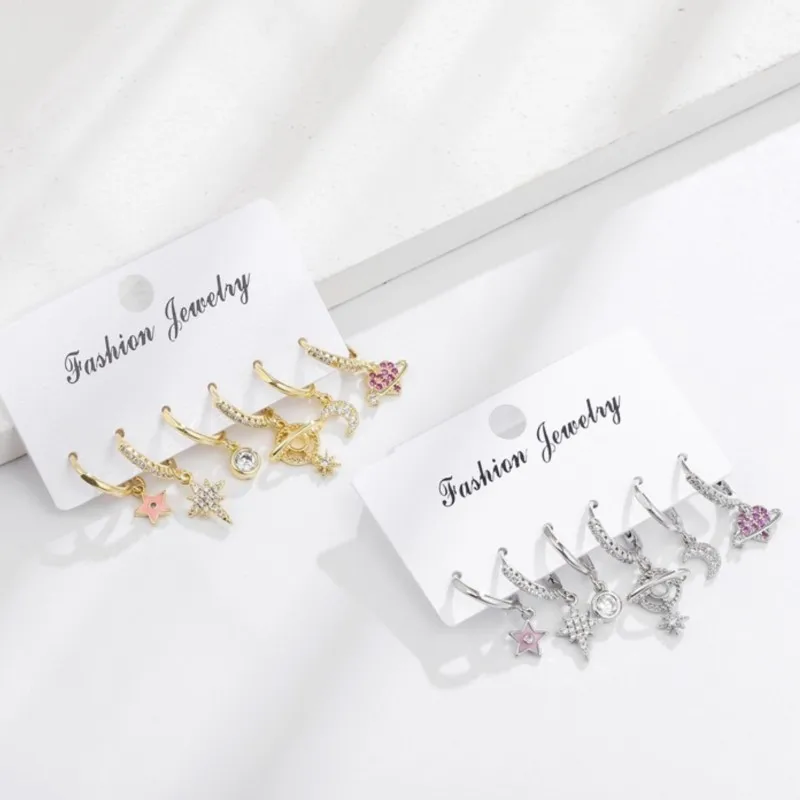 6Pcs/set Geometric Star Moon Rhinestones Hoop Earrings Sets for Women Colorful Zircon Earrings Fashion Jewelry Gift