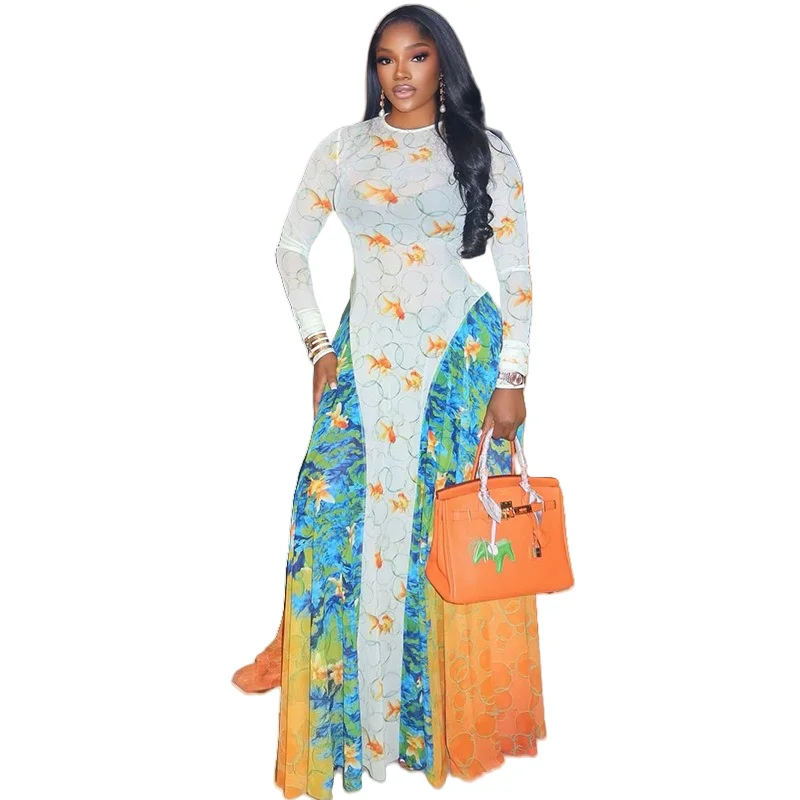 Women's Goldfish Colorful Print O-Neck Long Sleeve Waistband A-Line Long  Dress, Gauze Spliced, Slight Perspective - AliExpress 200000345