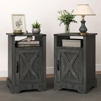 Nightstand Set of 2, Grey End Table with Charging Station, Tall Farmhouse Bedside Table with Large Storage and Shelf 1