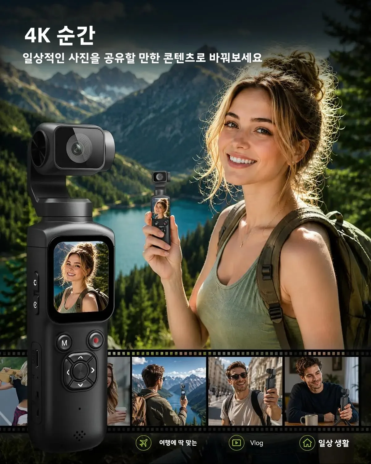 4K 액션 카메라 330 °   페이스 트래킹 짐벌 스테빌라이저 1.72인치 터치스크린 64MP 포켓 디지털 카메라 WiFi 스포츠캠
