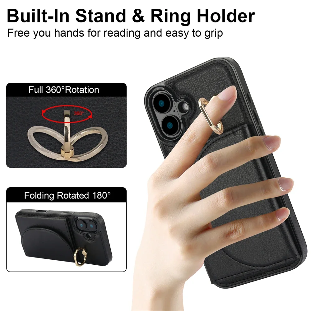 Plånboksfodral i läder för iPhone 16 Pro Max 14 15 13 fingerringhållare telefonfodral kortficka heltäckande skydd_voghion.com