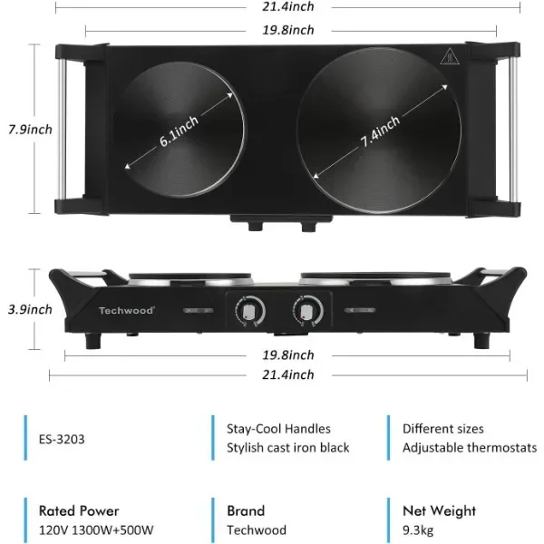 Techwood ES-3203 Hot Plate Electric Double Burner 1800W for Cooking with Adjustable Temperature & Stay Cool Handles 6