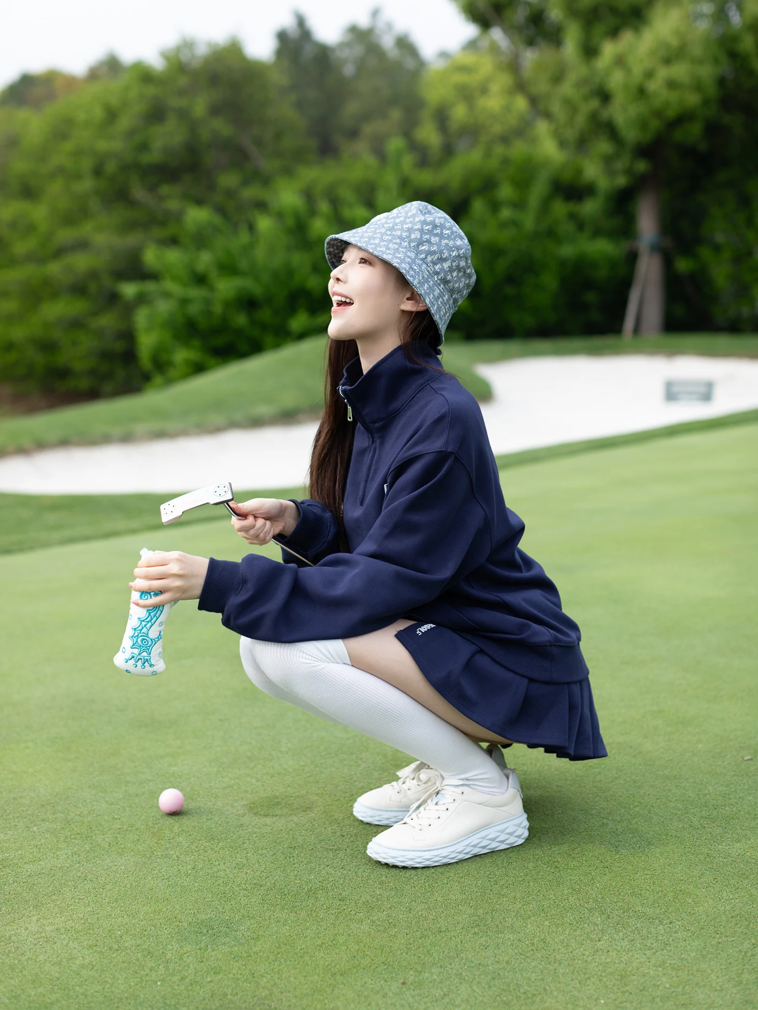RG Sports Style Fashion Long-sleeved Polo Collar Top Pleated Skirt Women's Golf Suit Tennis Skirt New Zipper Loose Coat Shirt