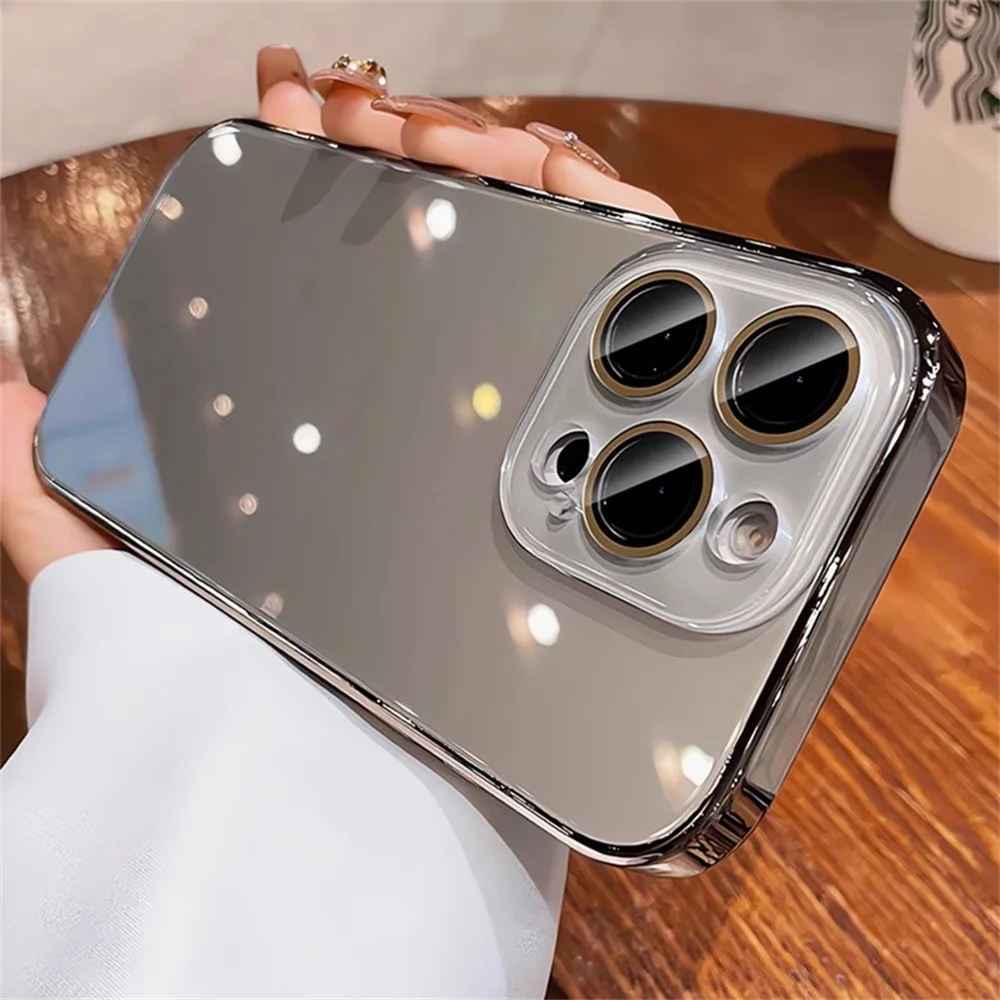 Luxury Plating Bumper Armor Glossy Phone Case For iPhone 15 16 17 Pro Max Air 14 13 12 11 Crystal Glass Lens Protection Cover 4