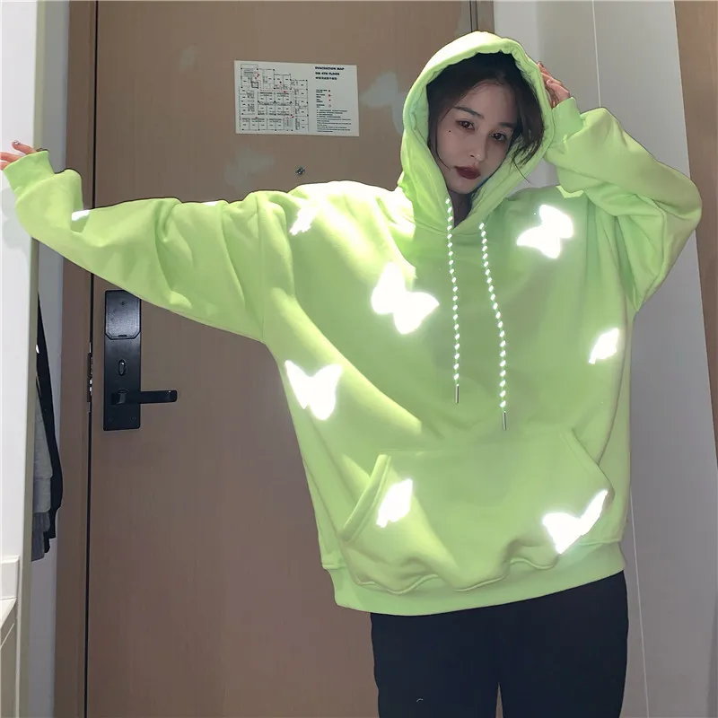 Women Thick Fleece Loose Casual Pullovers Autumn Winter Big Pocket Leisure Warm Hoodies Reflective Butterfly Hooded Sweatshirts