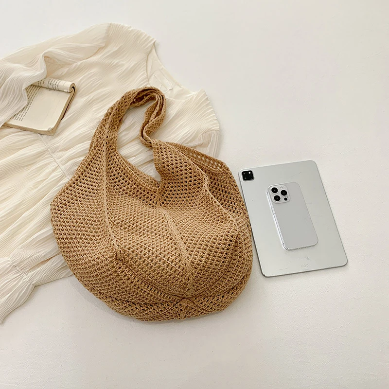 Women Crochet Tote Bag Fashion Hollow Out Knitted Bag Large Capacity Handbag Female Summer Beach Solid Color Woven Shoulder Bag