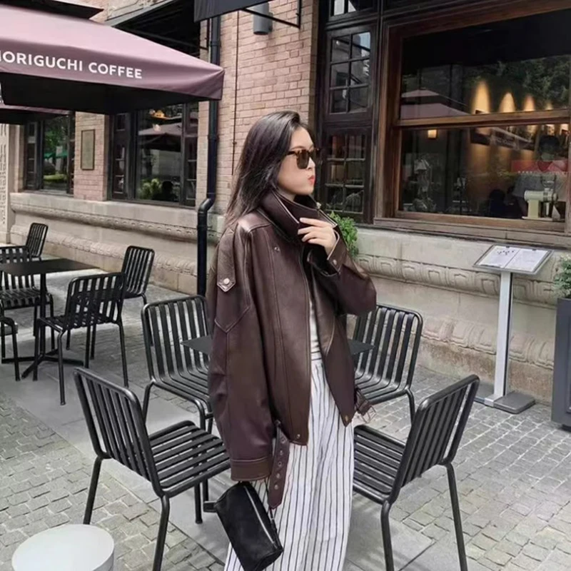 Spring Autumn Oversized Pu Leather Jacket Women Long Sleeve Zip Up Luxury Designer Retro Clothing Chic Street Locomotive Outwear