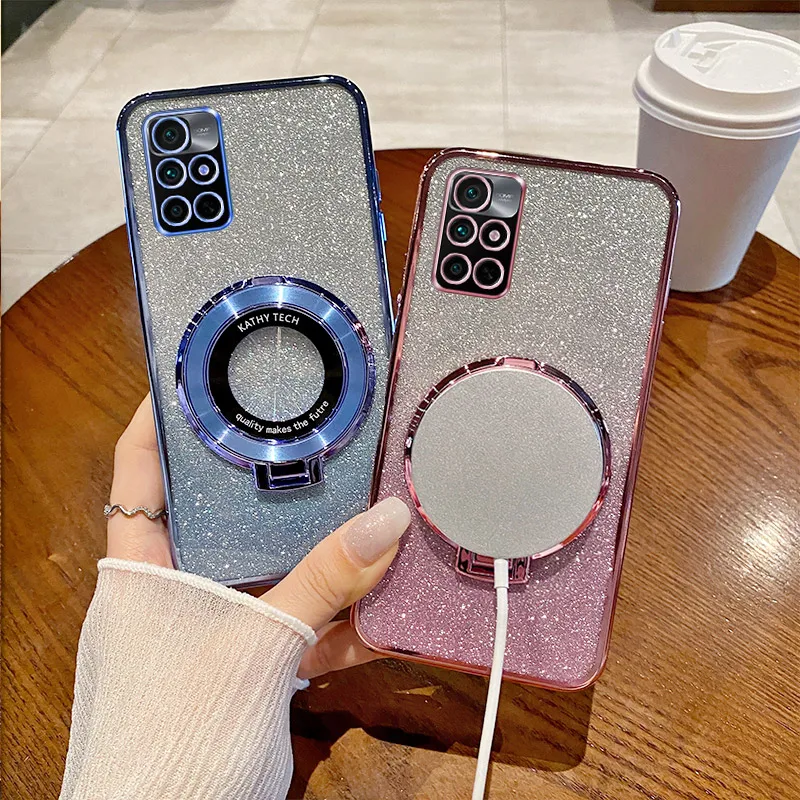 

10 10A Cover For Xiaomi Redmi 10 10A 10C 12 12C Note10 Note11 Note12 Glitter Magnetic Wireless Charging Stand Holder Phone Case