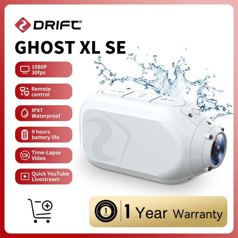 Drift Ghost XL SE 스노우 에디션 액션 카메라, 1080P HD 와이파이 라이브 스트리밍 스포츠 카메라, IPX7 방수, 9 시간 배터리, 자전거용