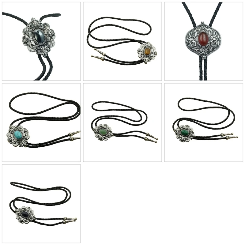 

Bolo Tie Necktie Artificial Leather Braided Rope Necklace with Engraved Stone Pendant Jewelry Cowboy American Neckwear