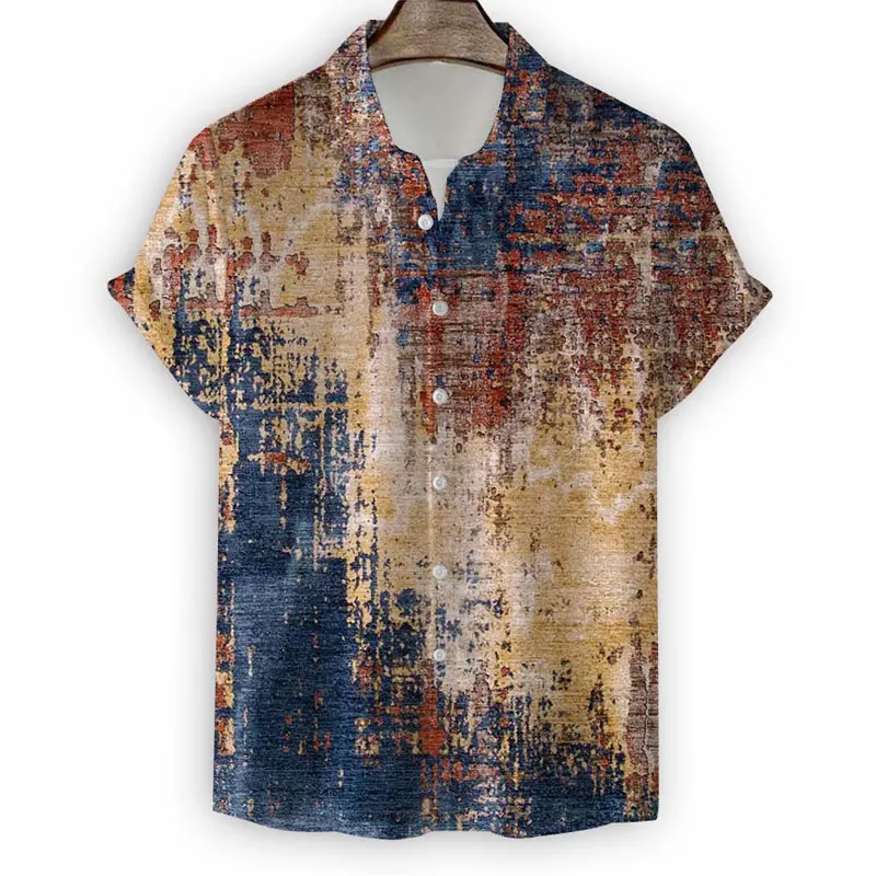

Male 3D Plaid Graphic Print Turn Down Collar Shirts Short Sleeve Summer Blouse Men's Clothing Beach Tops