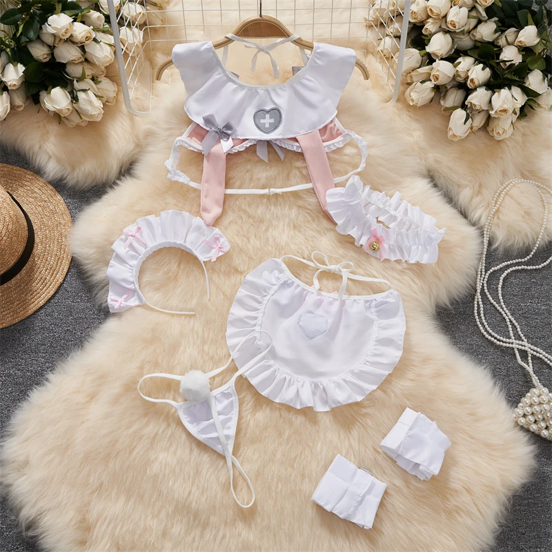Bow Cute Pink Sweet Cosplay Maid Patchwork Sexy Lingerie Hot Lace-up Halter Neck Crop Top Women Short Hollow Skirt New In Sets