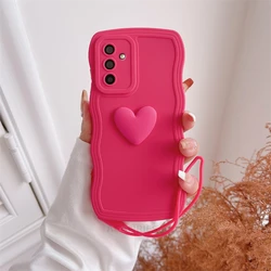 Love Heart Wavy Silicone Phone Case with Lanyard Wrist Strap Cover - A73 (4G 5G) (AXSS Rose red)