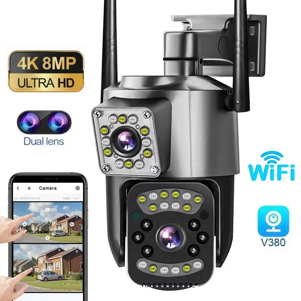 4K 8MP PTZ IP Camera Dual Lens Dual Screen WiFi/4G Sim Card Outdoor CCTV Video Surveillance 10X Zoom Auto Tracking Binocular Cam