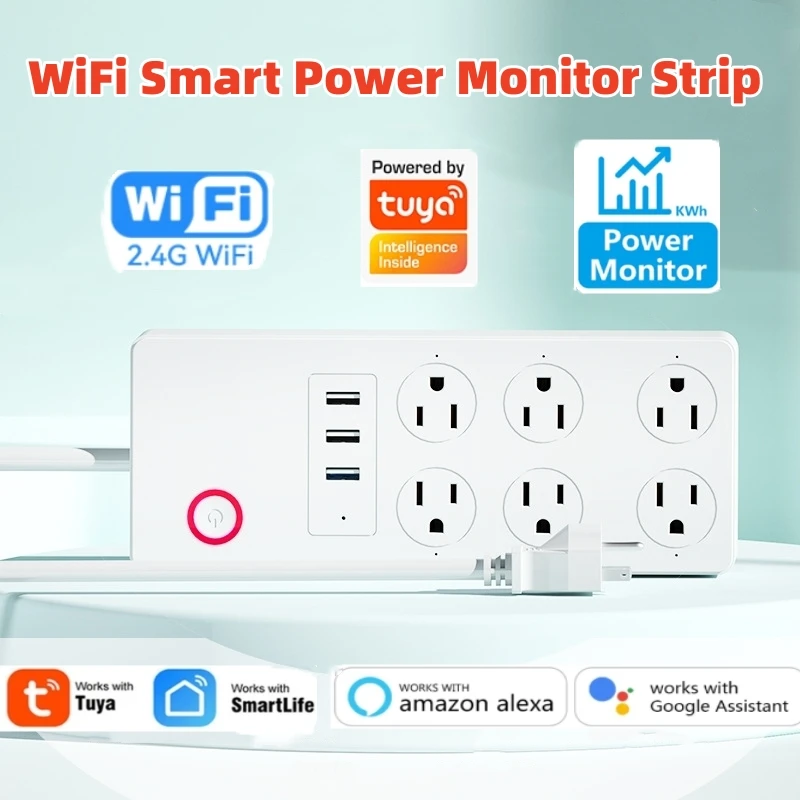 

Tuya US Power Strip WiFi Smart Plug With Power Monitor 6 AC Socket 3 USB Port Home Appliance Adapter Voice for Alexa Google