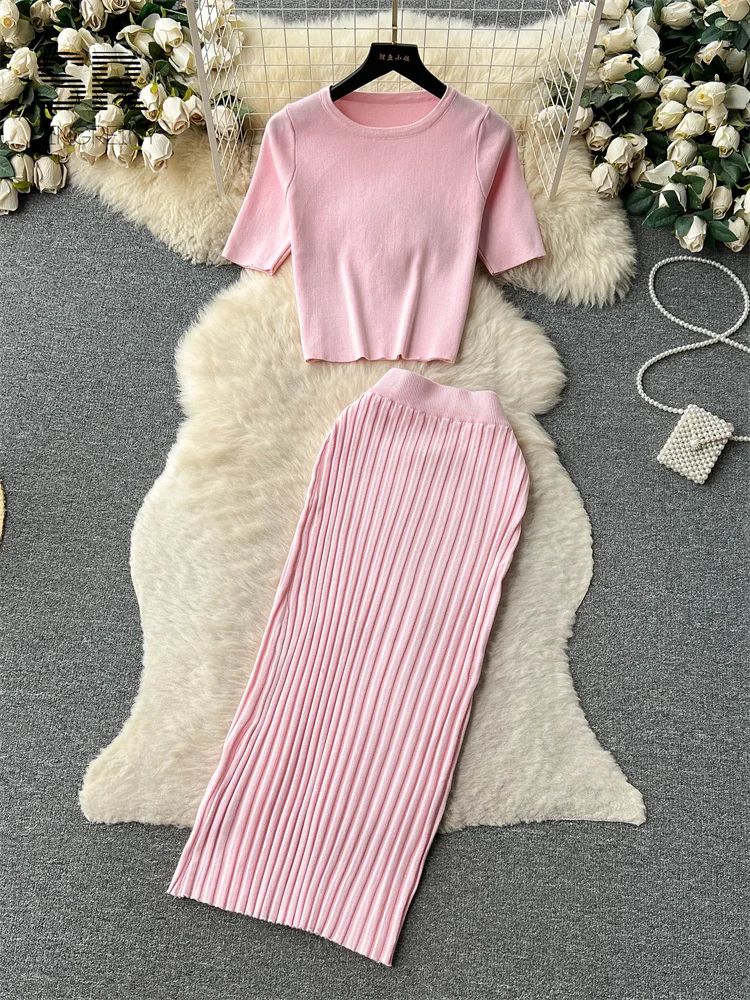 SINGREINY Casual Two Piece Sets Women Summer O Neck Top Elastic Waist Long Skirt Fashion Office Lady Korean Knit Suit - Image 2