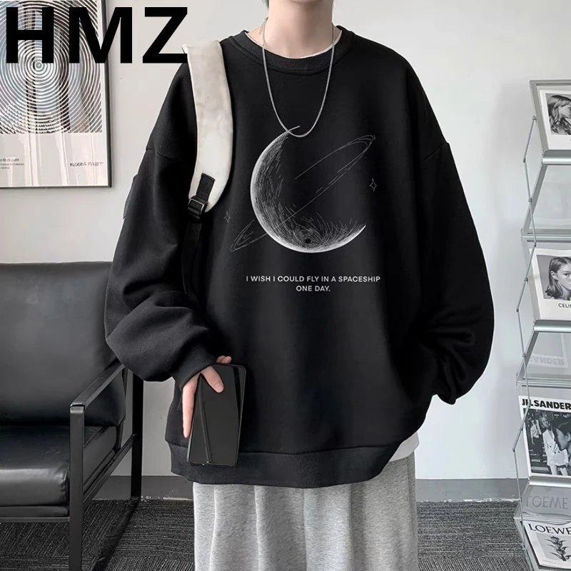 

Мужской теплый Свитшот HMZ, простой пуловер с рисунком Луны, большие размеры, корейский стиль, свитшот с буквенным принтом, верхняя одежда на осень-зиму