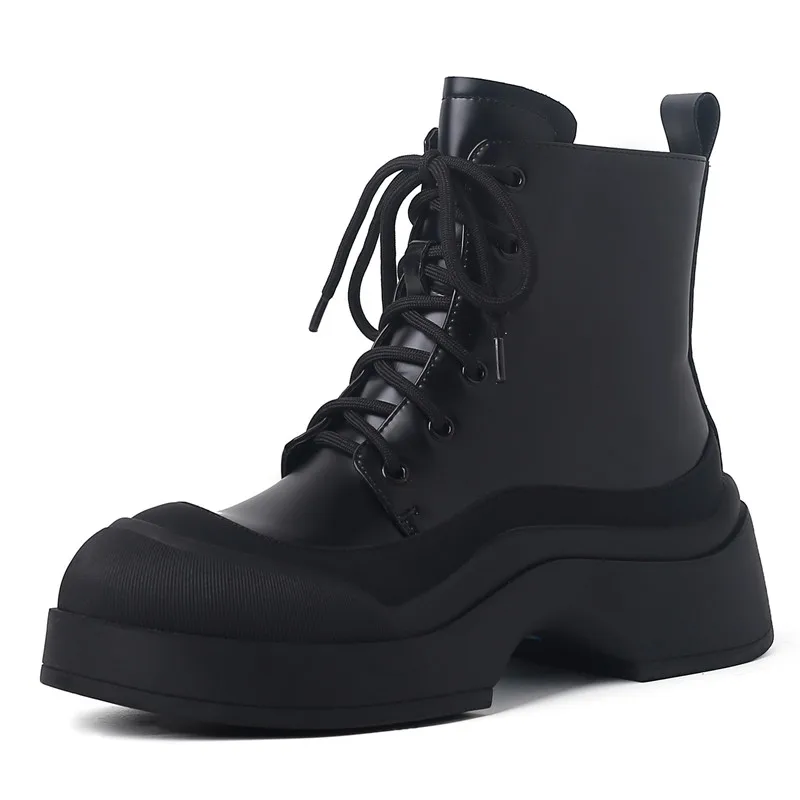 

Fashionable Sexy Elegant Charming Women Short Boots Cow Leather Round Head Side Zipper Lace up Quality Thick Sole Chelsea Boots