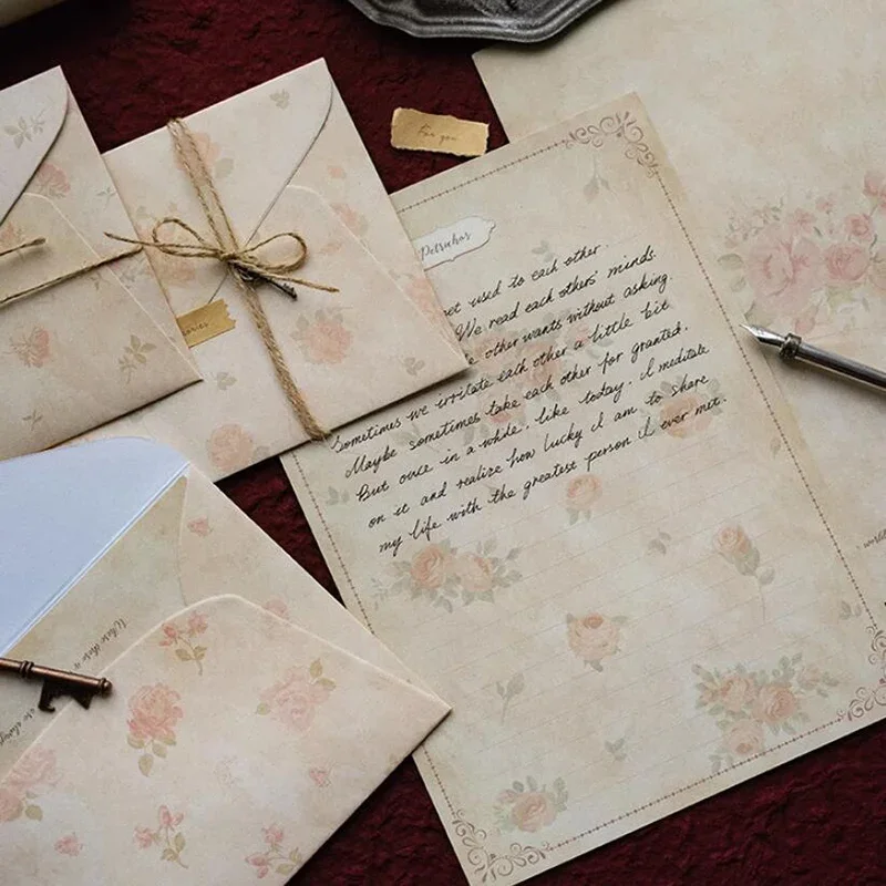 Vintage Floral Envelopes Writing Paper Bag Sealing Stickers Kawaii Wedding Party Events Invitation Cards Cover Office 13pcs/set