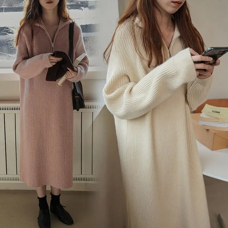 

Women's Sweater Dress Autumn Winter New Stand Collar Elegant Sweater Casual Loose Thickened Knitted Dress Women's Clothing R113