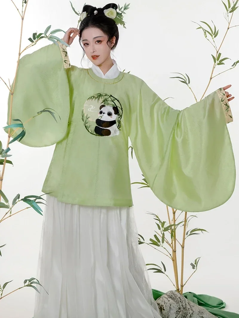 

Ming Chinese Green Hanfu Panda Embroidery Round Collar Mandarin Gown for Women Top Coat Ropa Tradicional China Hombre Skirt