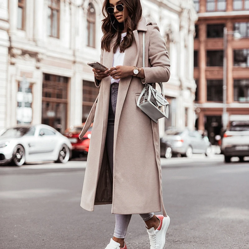 New Long Sleeve Outerwear Women Simple Lace-up Solid Long Cardigan Coats Autumn Winter Elegant Lapel Wool & Blends Jacket Tops