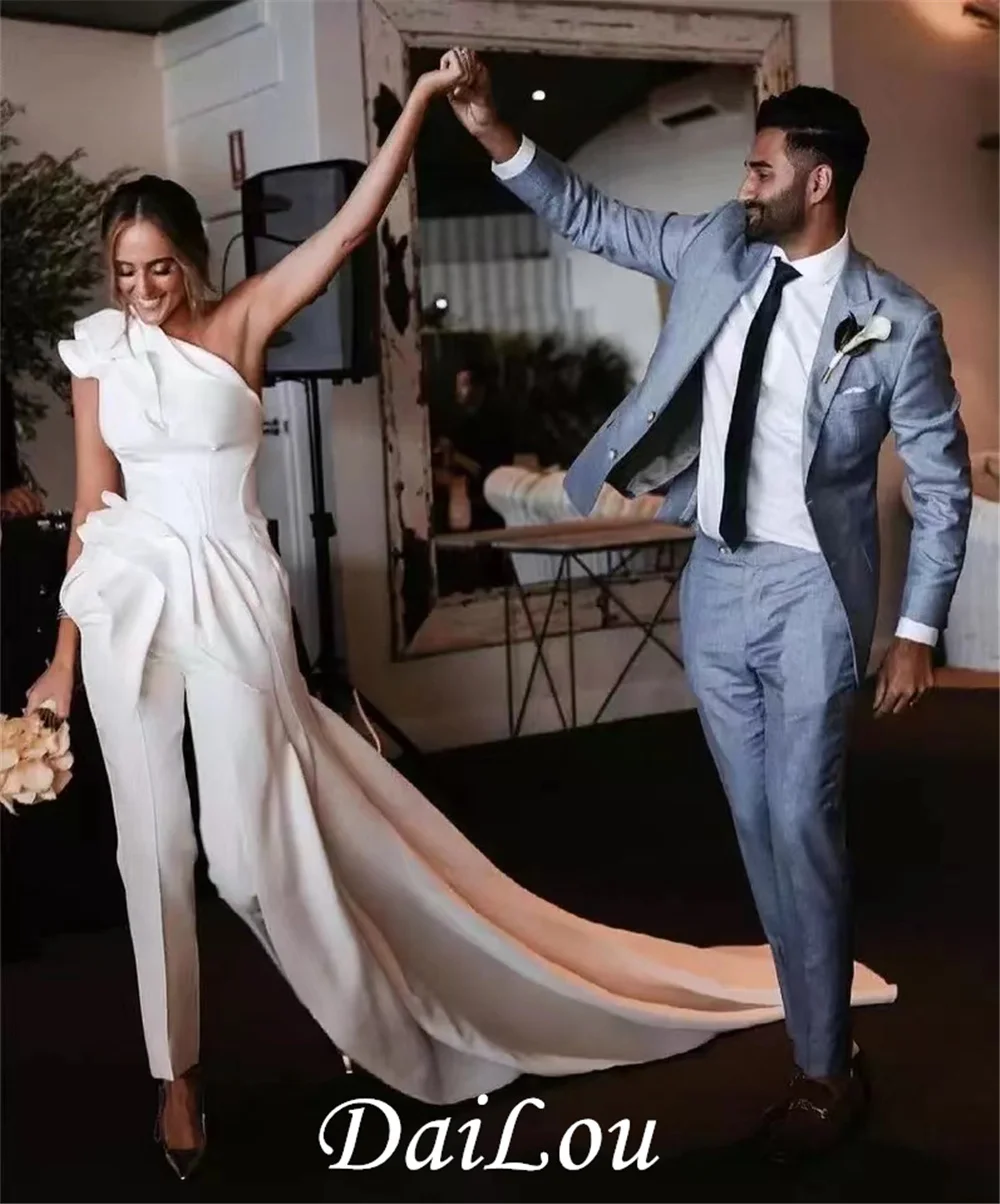 White Jumpsuit One Shoulder Sleeveless Floral Women Wedding Pants Satin Train Women's Elegant Combination For Wedding