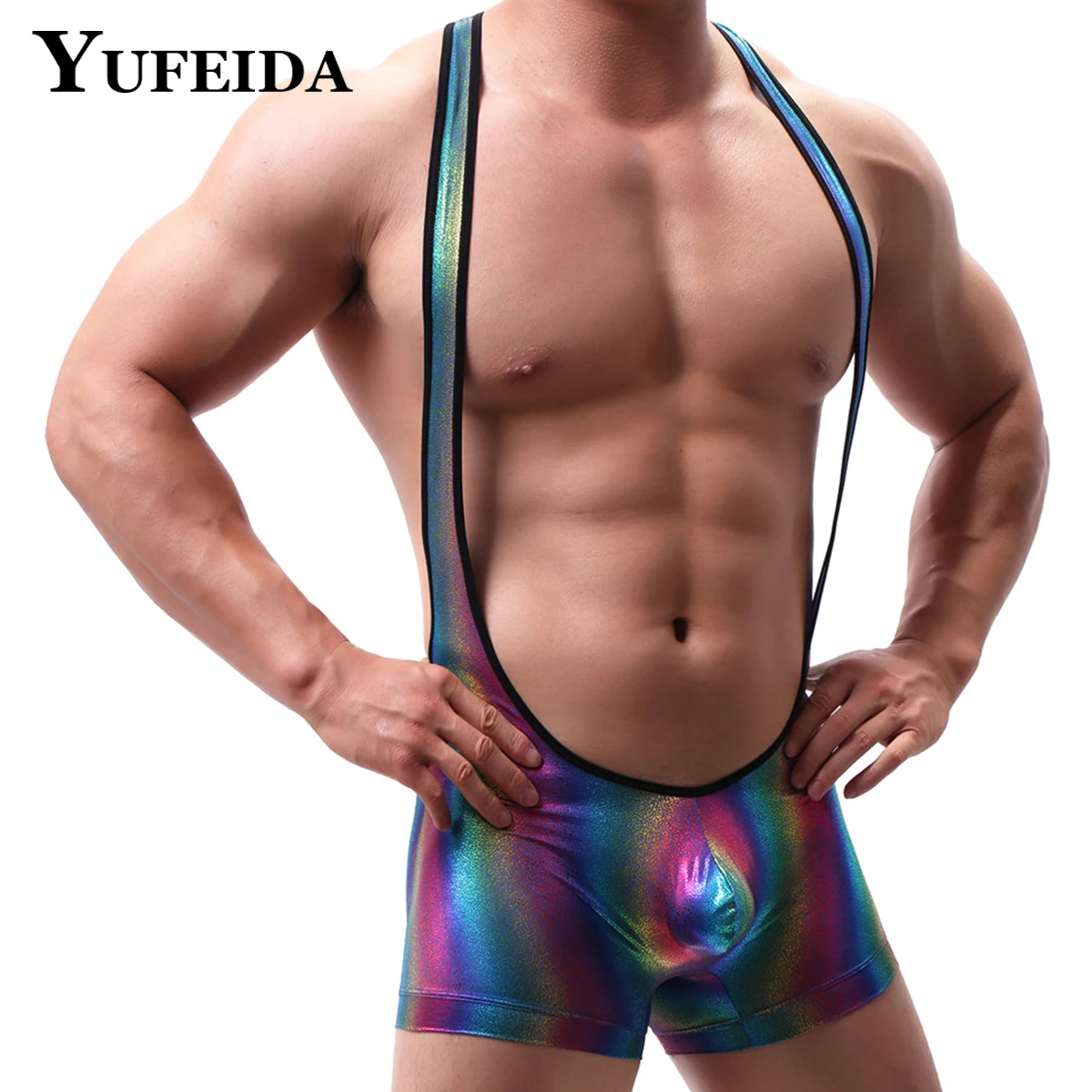 

YUFEIDA Sexy Mens Faux Leather Undershirts Leotard Sport Bodysuit Jumpsuits Gay Rainbow Stripe Leather Wrestling Singlet Teddies