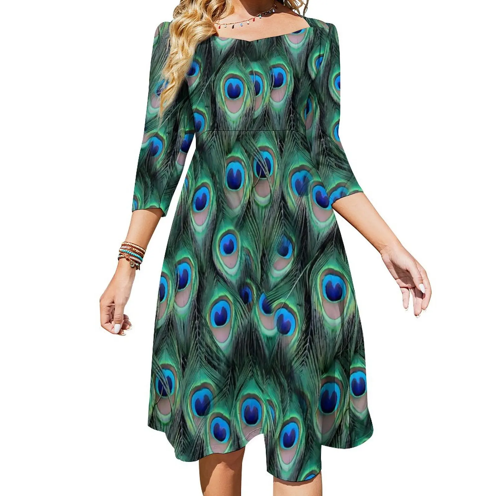 

Colorful Peacock Dress Summer Animal Print Elegant Dresses Women Three Quarter Stylish Graphic Oversize Casual Dress