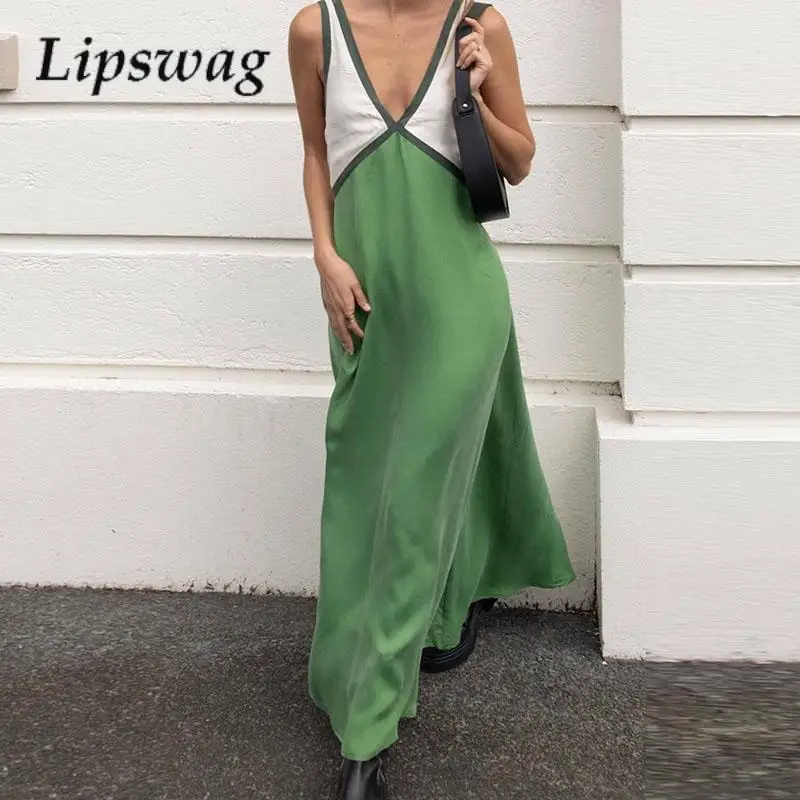

Fashion Hollow Sleeveless Loose Vest Dress Casual Splicing Contrasting Color Holiday Dress Sexy Deep V Simple Long Dress Vestido