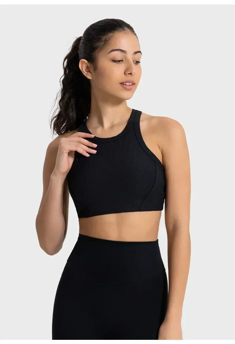 Lemon Logo Ribbed High-Neck Racerback Yoga Bra Buttery-soft Sweat-wicking Light Support Sports Bras With Removable Cups Tank Top