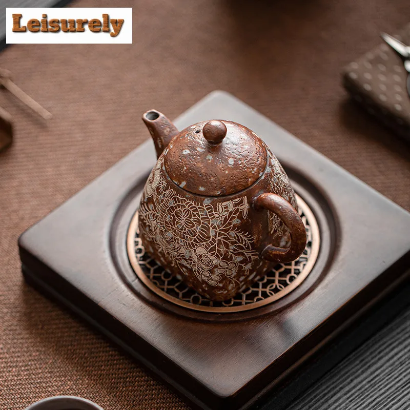 180ML Gilded Silver Blooming Flowers Old Rock Mud Teapot Zen Tea Infuser Pot Tea Soaking Kettle With Strainer Tea Set Ornaments