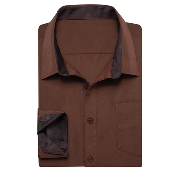 Hi-Tie Brown Coffee Clean Cuff splicing Mens Shirts Long Sleeve Dress Shirt Blouse for Male Wedding Gift Party  formal shirt