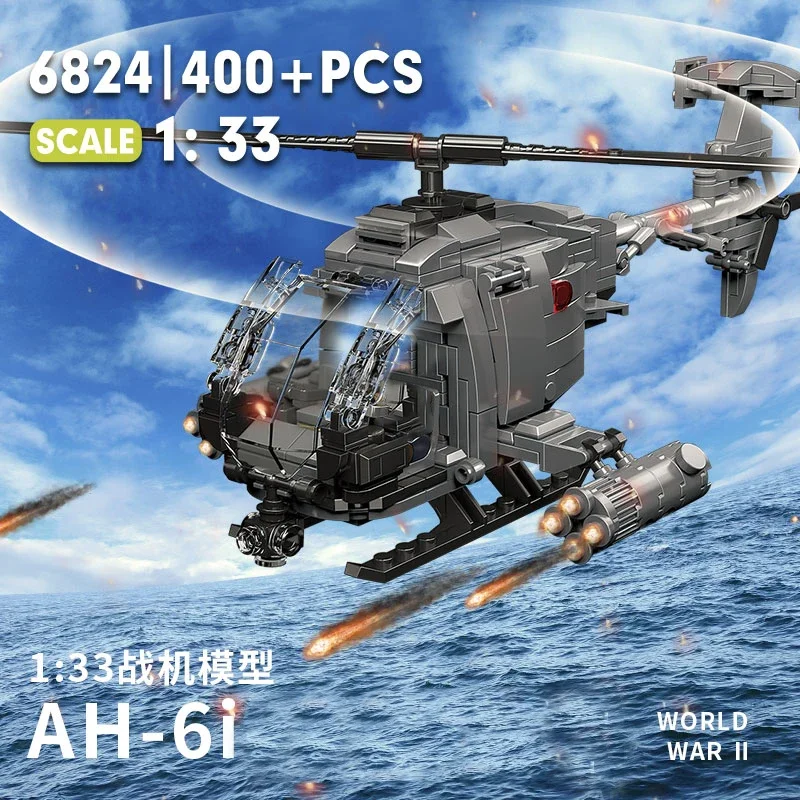 DIY 군사 2 차 세계 대전 AH-6i 헬리콥터 전투기 모델 항공기 군인 빌딩 블록 세트, 비행기 인형 벽돌 조립 장난감 선물
