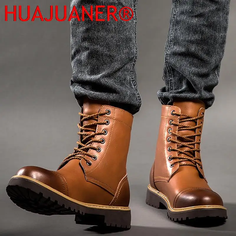 Genuine Leather Men\'s Boots Plush Warm Winter Boots High Quality Men Motorcycle Boots Fashion Tooling Shoes