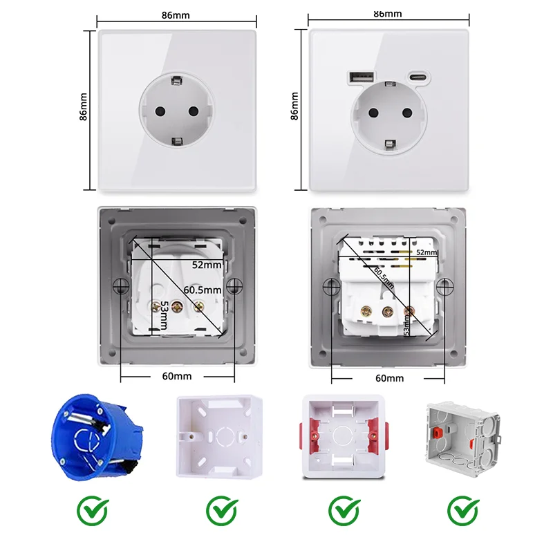 YINKA EU ǥ  ȭ  16A   ܼƮ AC110V-250V  , USB Type-C  por 5V 2100mA