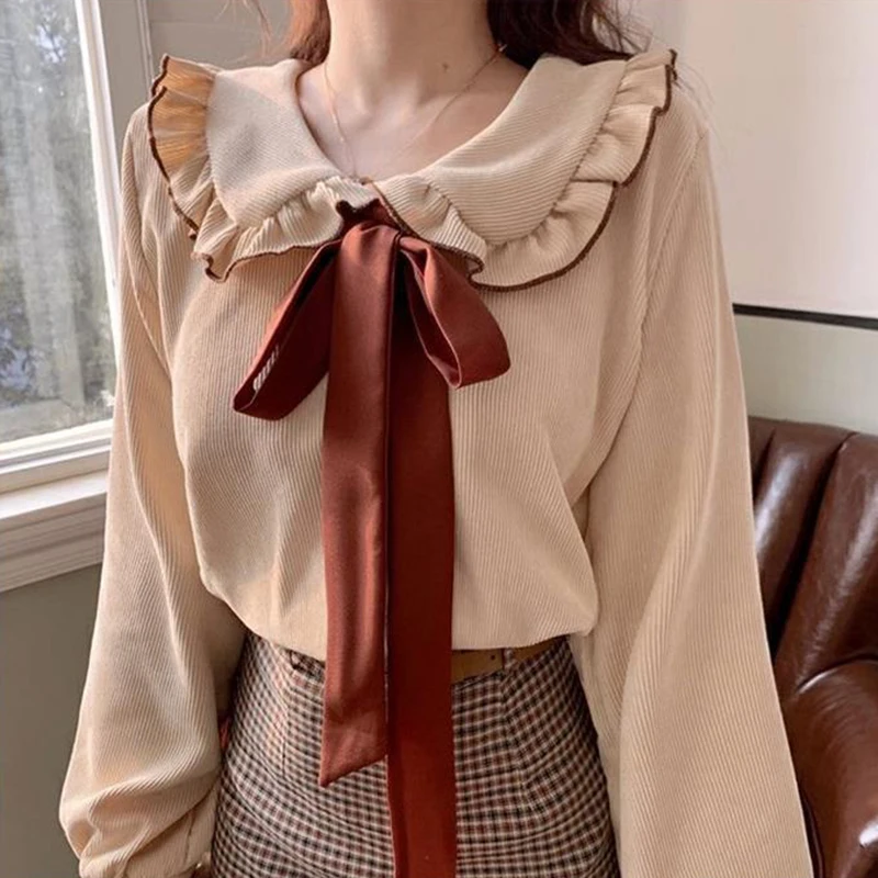 

Блузка женская Вельветовая с бантом, элегантная Милая рубашка в Корейском стиле, с длинным рукавом, в стиле преппи, для отдыха, весна-осень