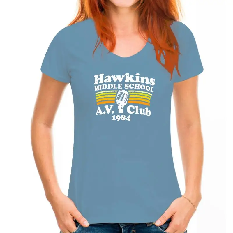 thumbnail image 1 of Camiseta del Club AV de la escuela secundaria Hawkins, camiseta del Club AV hawkins once netflix, extraño, cosas de Dustin, mike lucas, 1 of 5