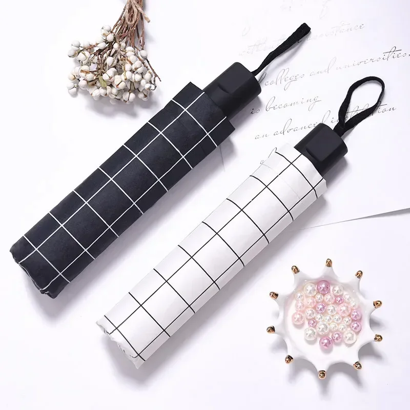 Manual Opening and Closing of Sun and Rain Dual Purpose Checkered Black Glue Sun Folding Umbrella