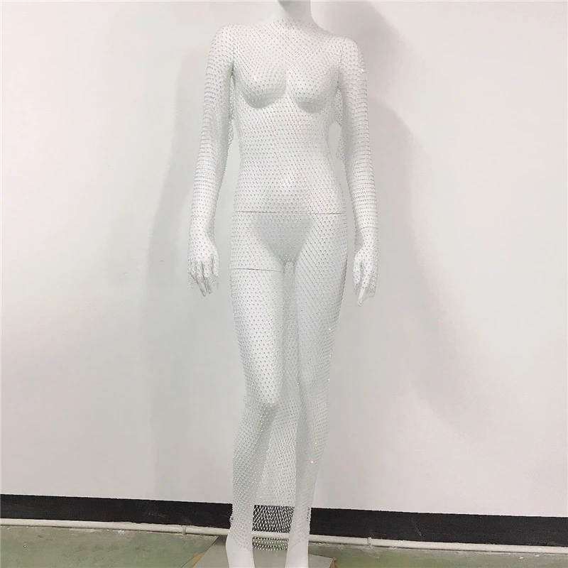 Shiny Rhinestones Grid Fishnet Dress Long Sleeve O-Neck Hollw Out 2024 Summer Dress Sexy Beach Cover Up Breathable Lady Vestidos 6