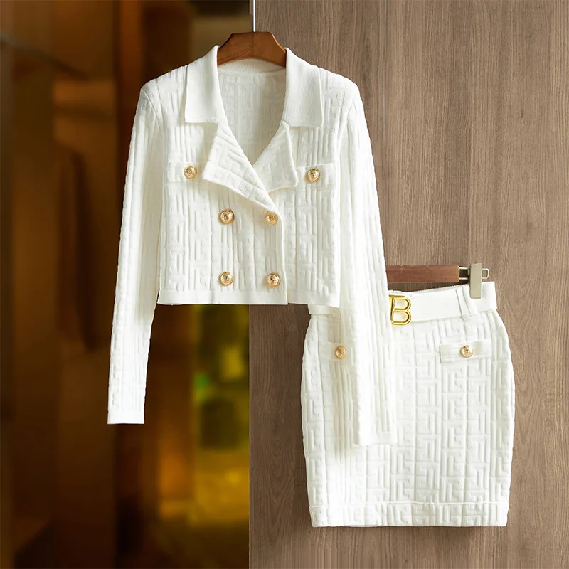 

Autumn and Winter New Knitted Skirt Heavy Industry Suit Collar Wanzi Pattern Top Belt Wrap Hip Skirt Two Piece Fashion Set