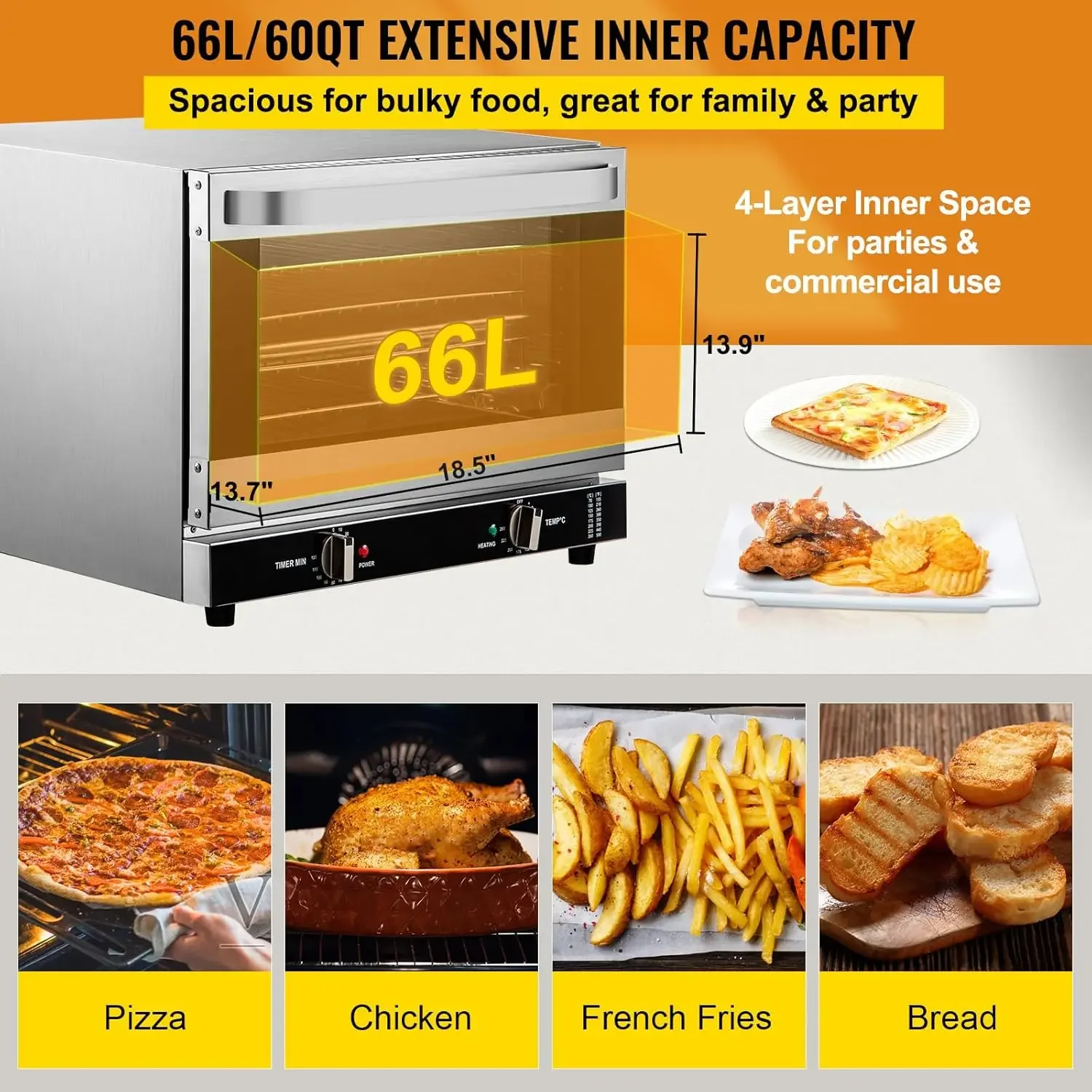 Commercial Convection Oven, , Half-Size Conventional Oven , 1800W 4-Tier Toaster w/Front Glass Door, w/T 3