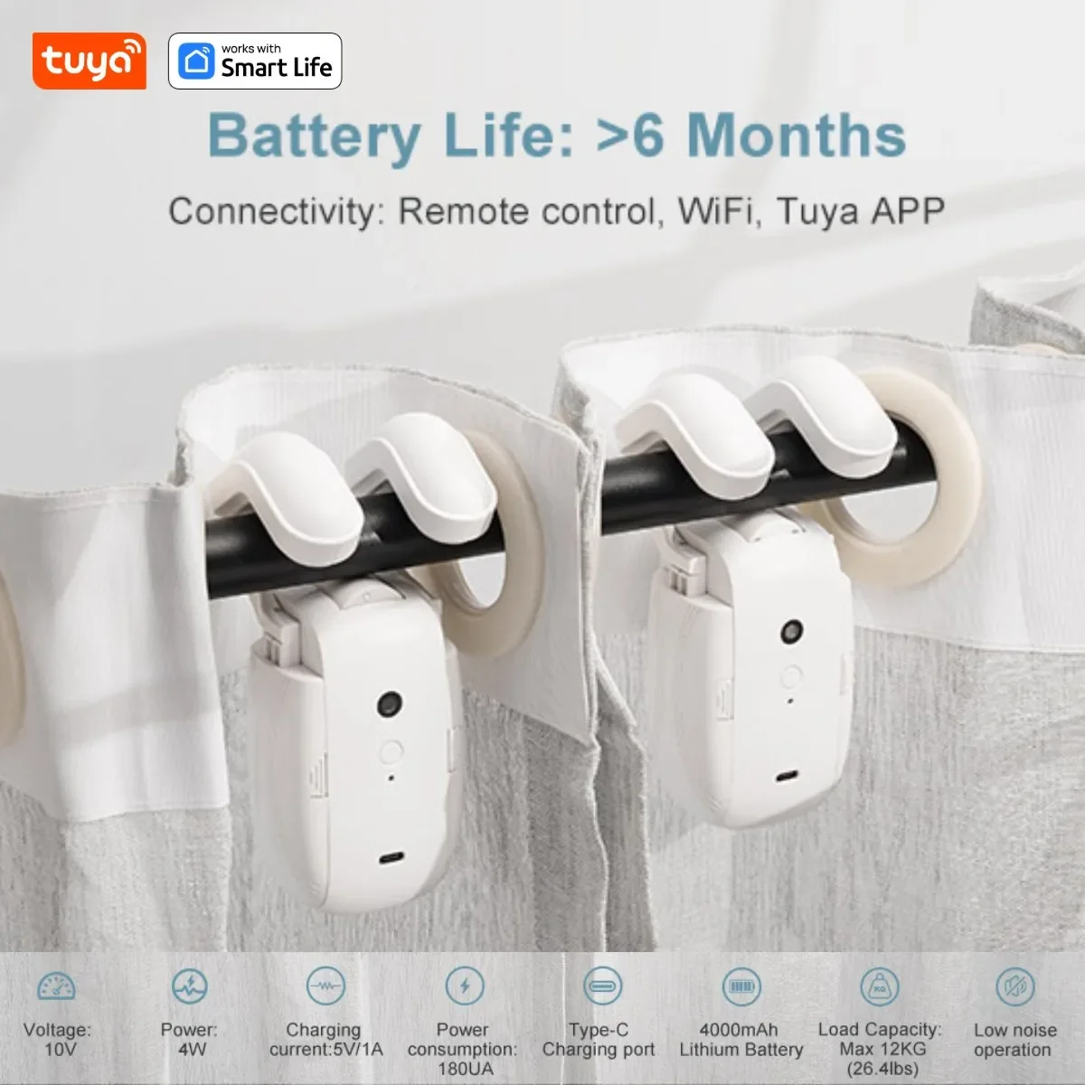 Robot per tende intelligenti Tuya, controllo intelligente dell'app Tuya 3 in 1/telecomando/controllo vocale (Alexa Google Siri) per binario con asta romana - immagine 2