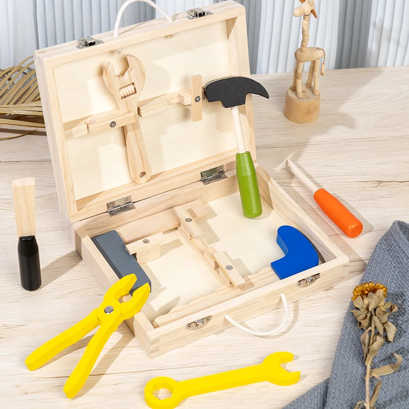 Wooden toolbox toys equipped with tools such as saws, hammers, square rulers, wrenches, screwdrivers, etc