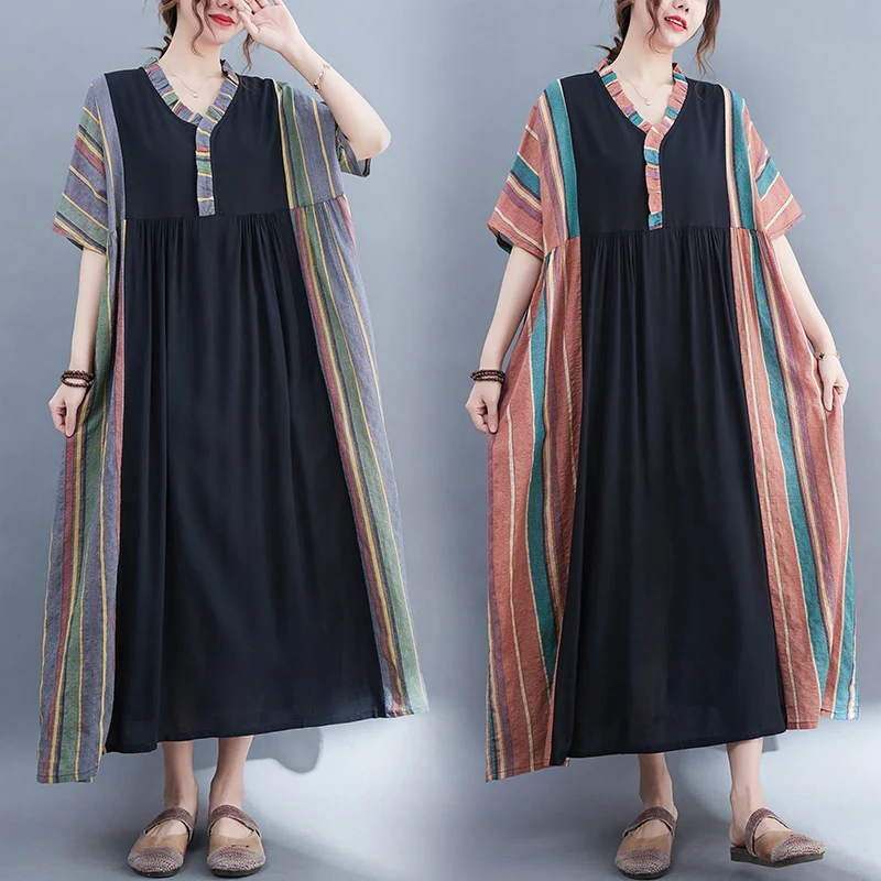 

2022 New Arrival Patchwork striped Edible Tree Fungus Fashion Summer Dress Loose Women Casual Long Maxi Dress