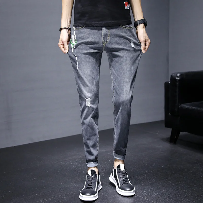 Spring and autumn jeans men's tide brand slim feet trend casual summer thin long pants men's new style in 2022