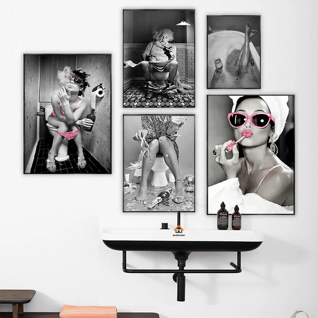 Fashion Sexy Woman Poster Print Girl Drinking Bar Canvas Painting Bling Toilet  Roll Paper Picture Modern Wall Art Bathroom Decor - AliExpress