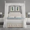 Queen Upholstered Canopy Bed Frame with 2 Drawers and Button Tufted Headboard, 4 Removable Posts, Queen Bed Frame 3