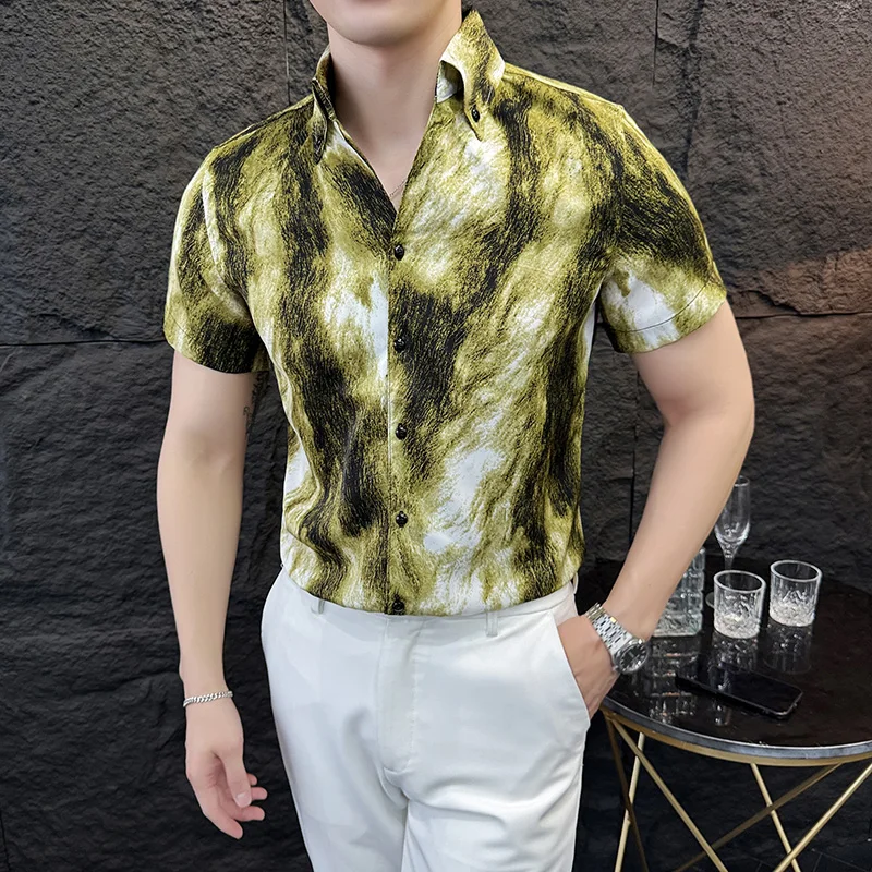 Summer Mens Casual Shirts Hot Sale Stylish Print Short Sleeve Men's Social Shirt Dress Slim Fit Turn Down Collar Tuxedo Big Size